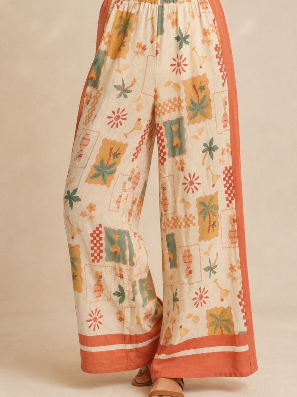 Sienna Sky Tropical Print Linen Blend Wide Leg Pants XL Cream Coral